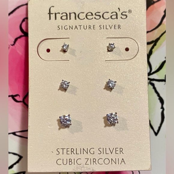 NWT francesca's SIGNATURE SILVER STERLING 3 PAIR STUD EARRINGS SET - Picture 2 of 9